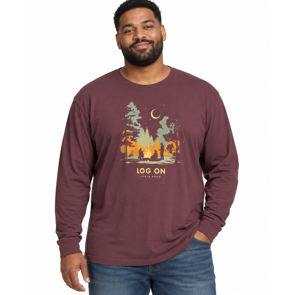 Life is Good Mens XXL Crusher-Lite Long Sleeve Log On Campfire Graphic Tee Plum